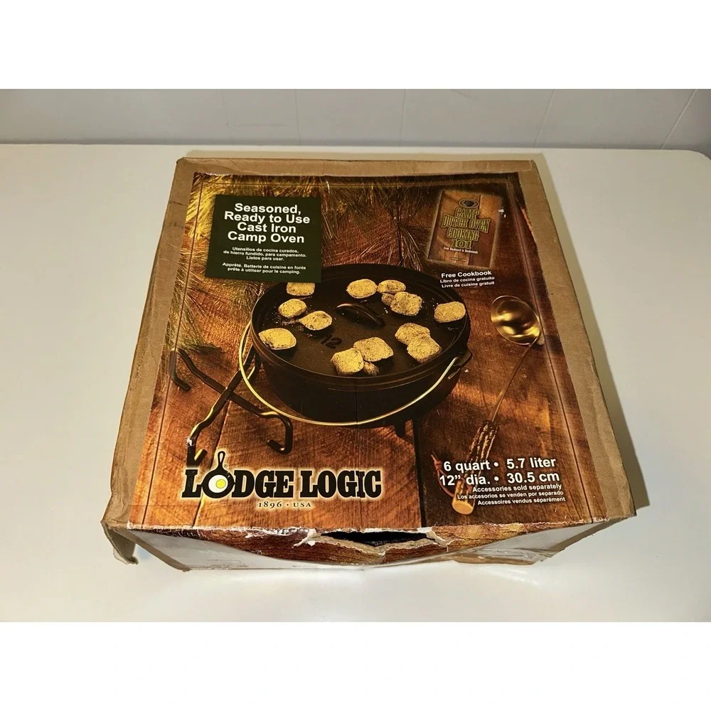 VTG Lodge Large Cast Iron Dutch Oven Pot & Lid 12 Inch 3 Leg USA And Recipe Book